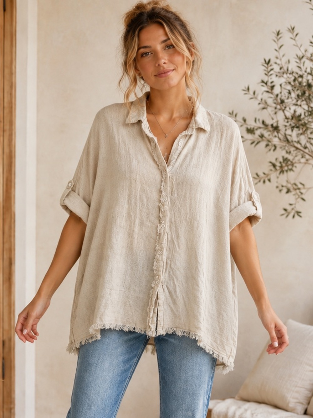 160 Umgee Cream Button-Front Linen-Blend Tunic Very Oversized Medium